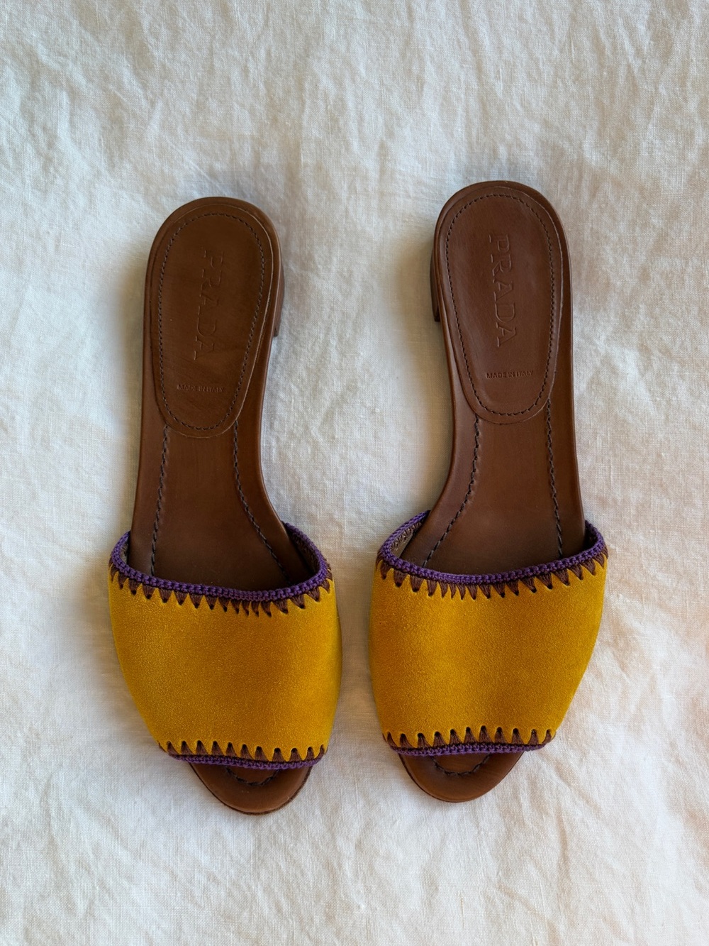 Vintage Prada Suede Crochet Stitch Trim Peep Toe Sandals Flats Yellow Purple 90s